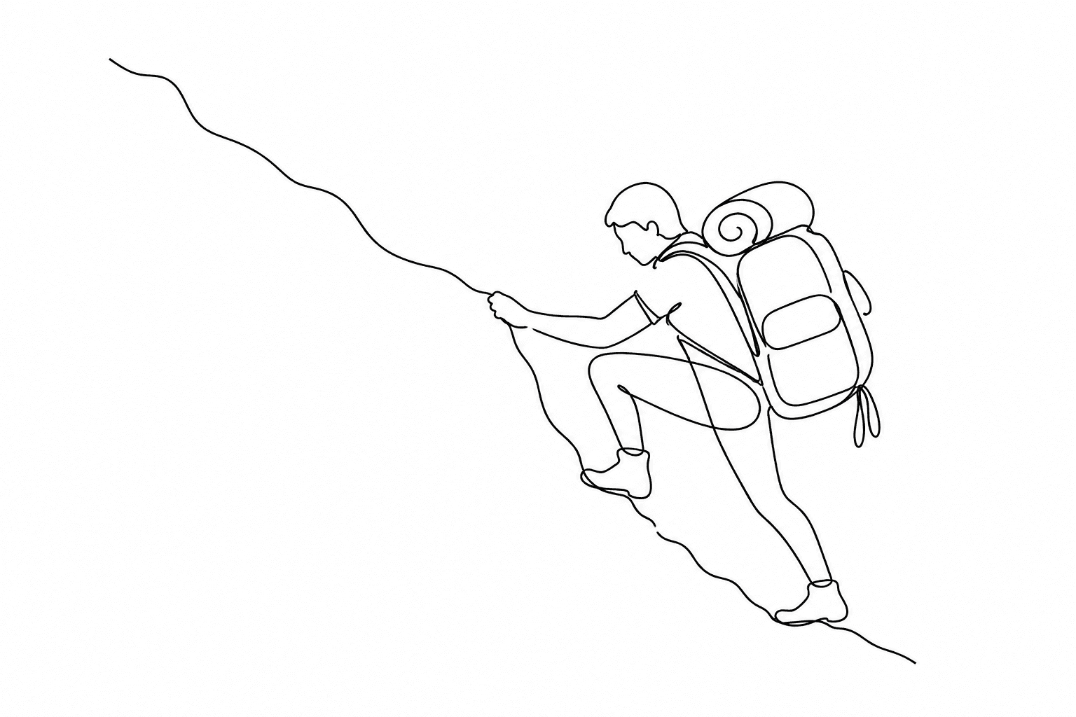 Continuous-line drawing of a climber with a heavy backpack ascending a slope