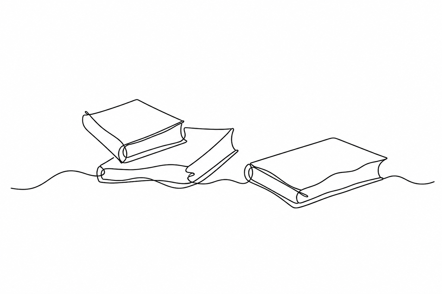 Continuous line drawing of stacked and splayed books