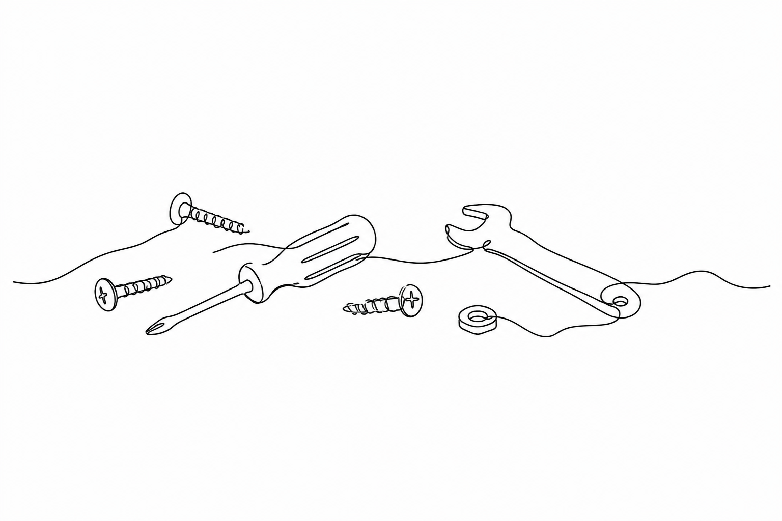 Continuous line drawing of scattered tools and screws