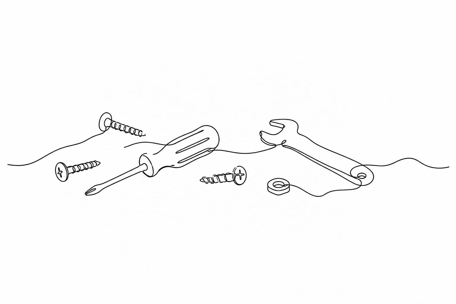 Continuous line drawing of scattered tools and screws