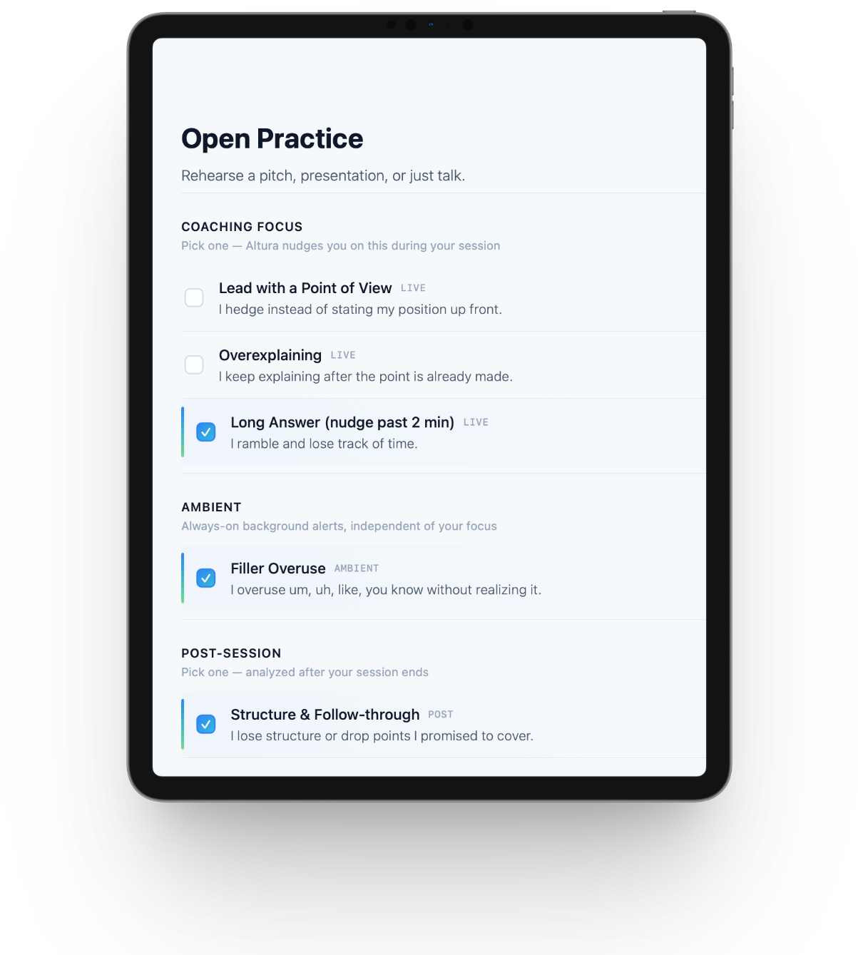 Altura on iPadOS showing the same practice session on iPad