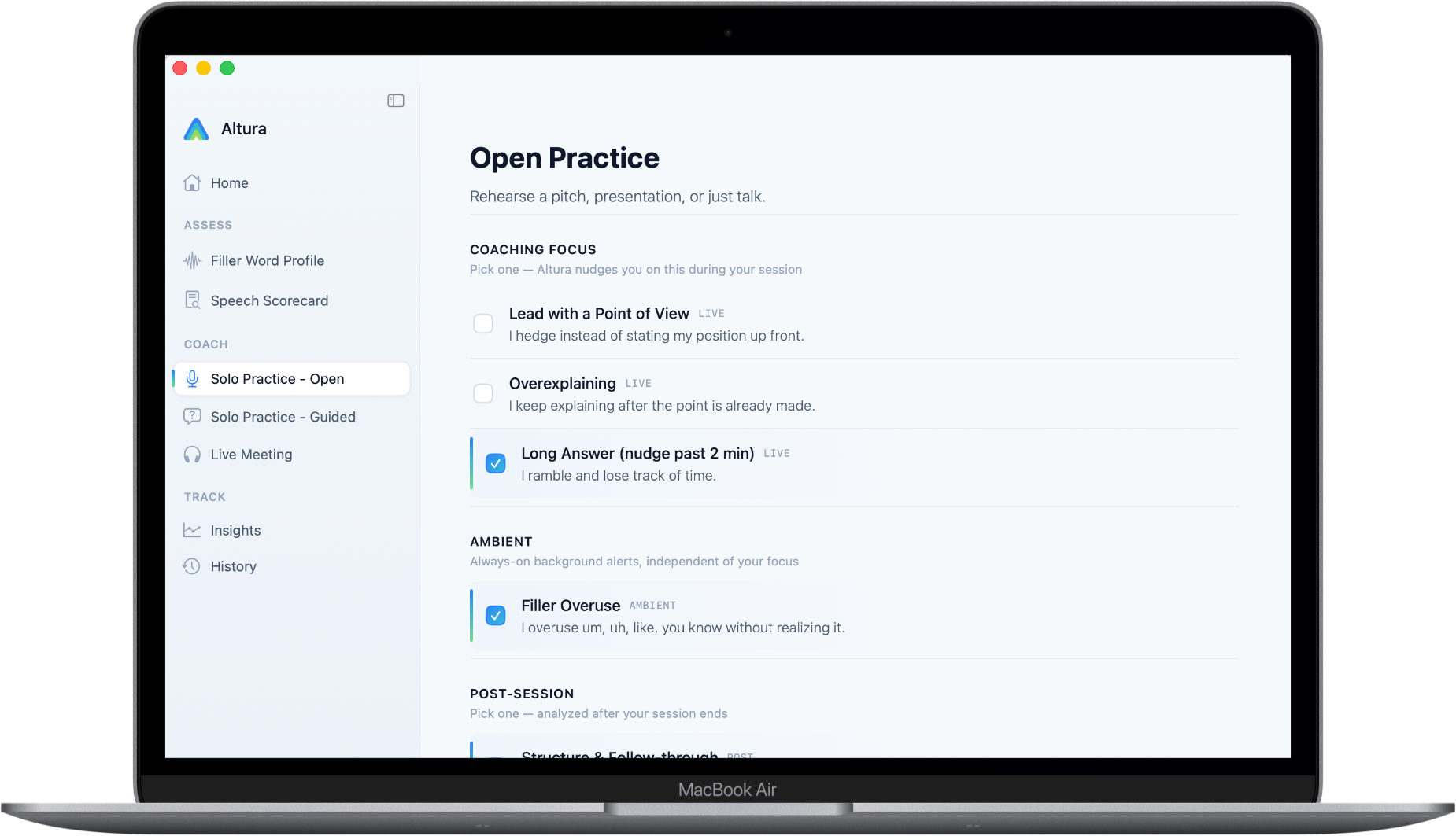 Altura on macOS showing a guided practice session for high-stakes speaking