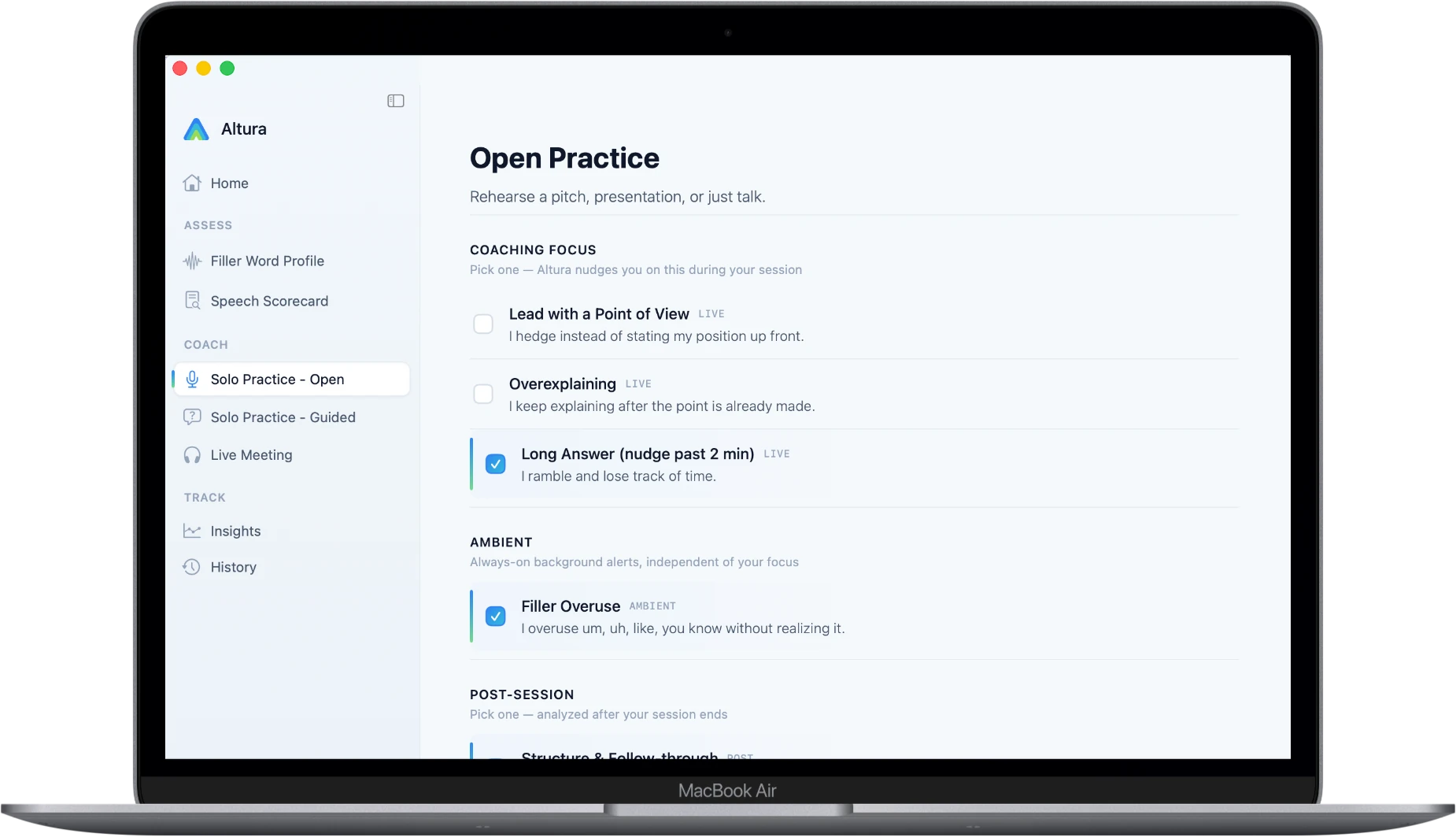 Altura on macOS showing a guided practice session for high-stakes speaking