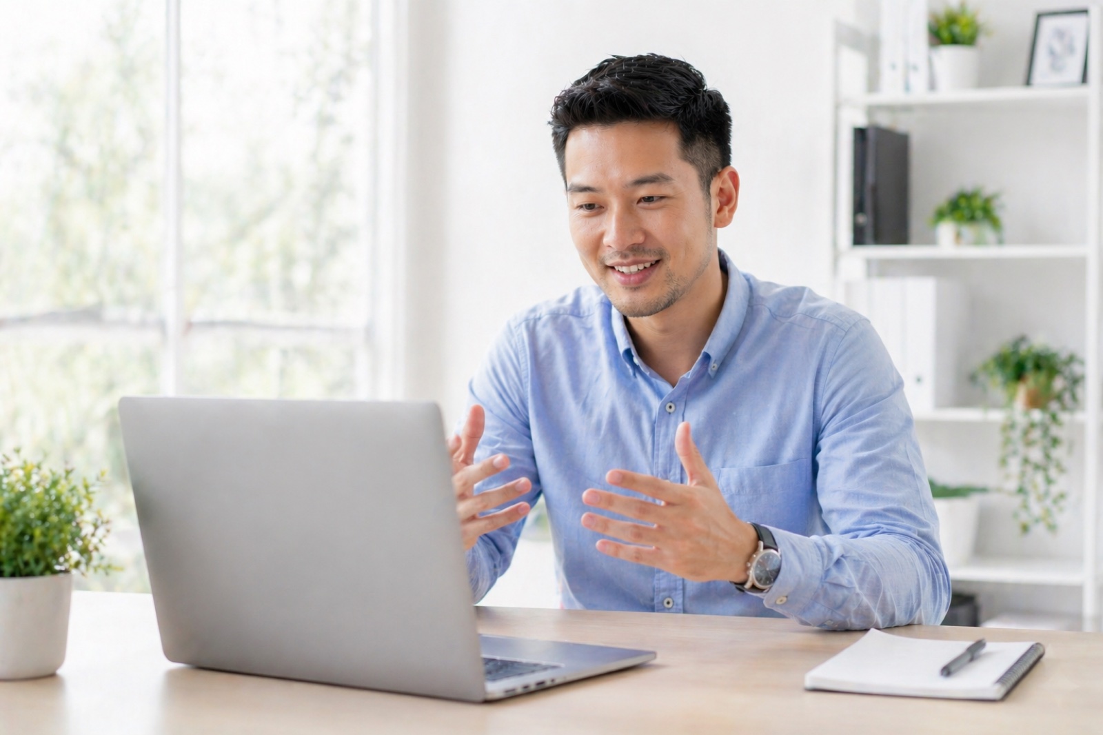 Person at a laptop in a remote interview, mid-conversation