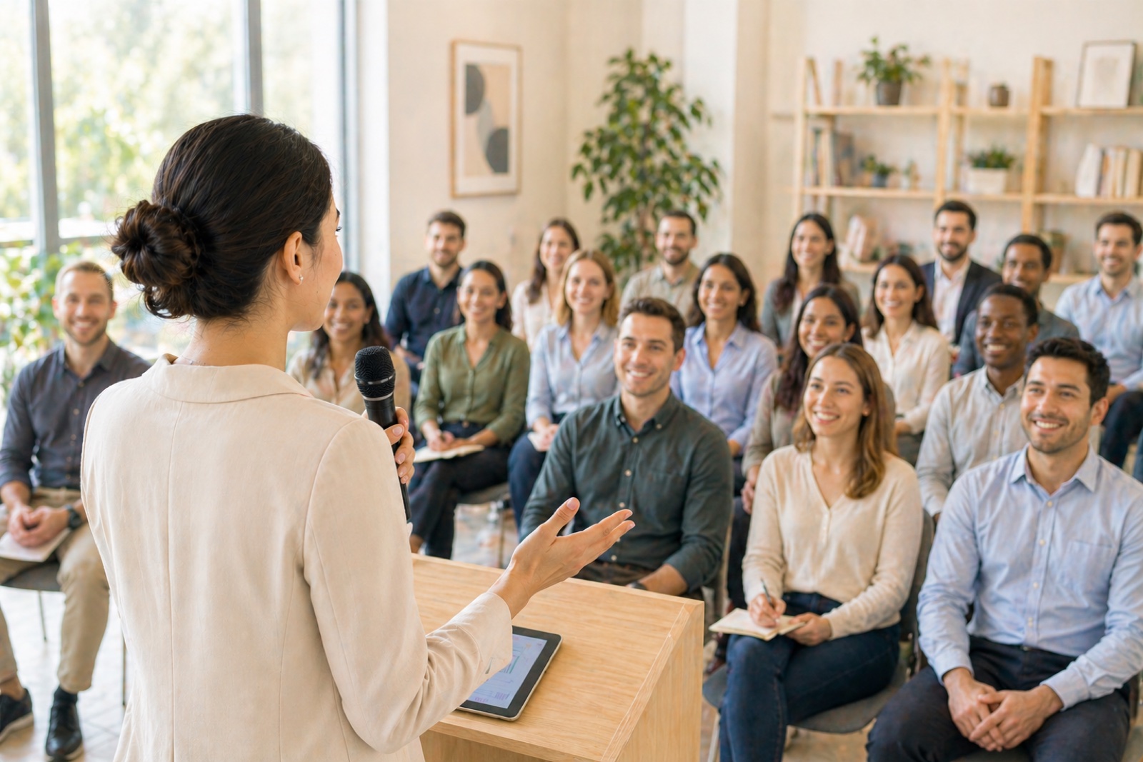 Leader at a podium addressing a seated audience